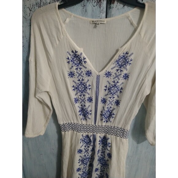Black Swan Embroidered V-neck Summer Mini Dress Medium Cream Y2K Boho Cottage... - Picture 5 of 10
